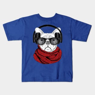 Dog in glasses, winter scarf and with headphones Kids T-Shirt